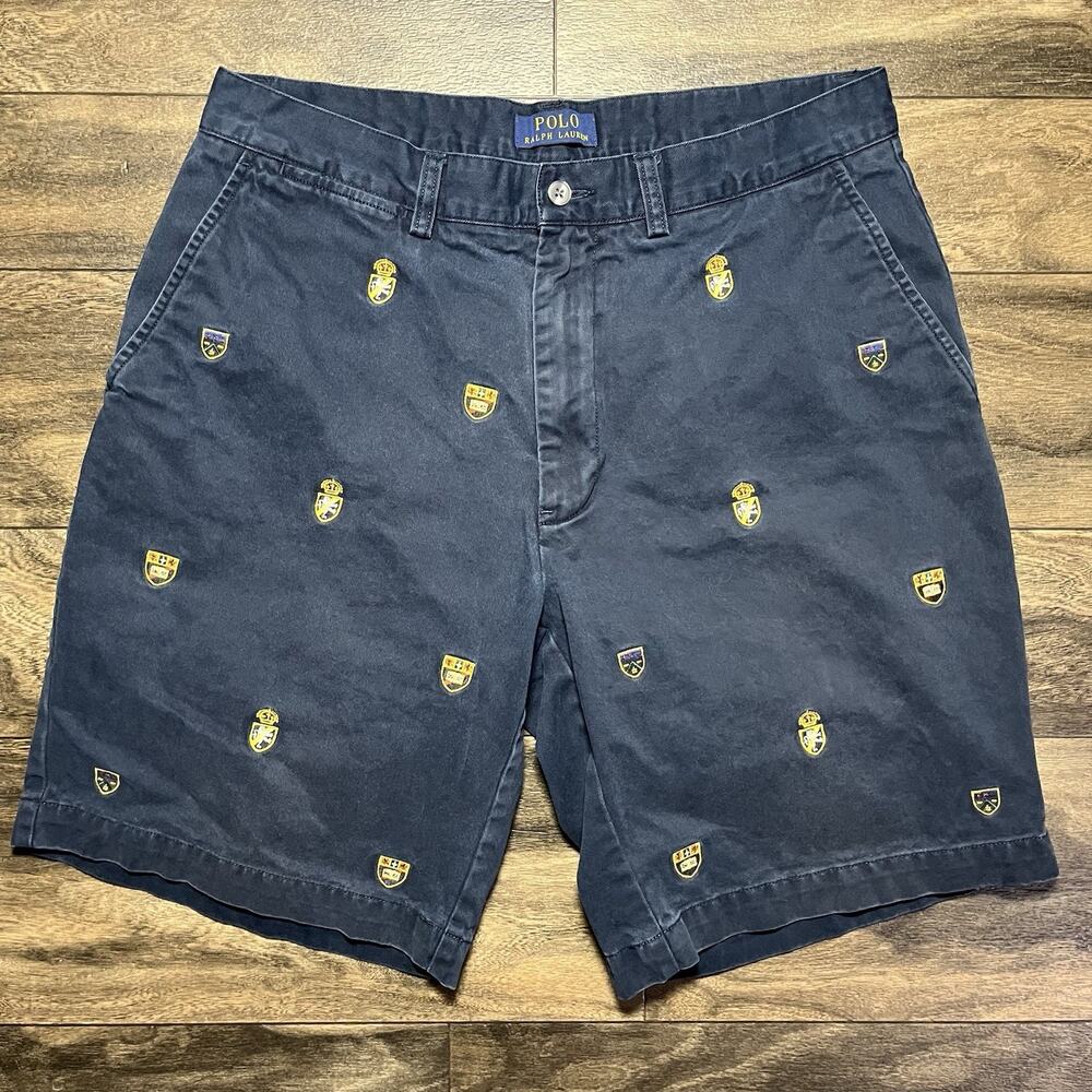 Polo Ralph Lauren Embroidered Heraldic Crest Chino Shorts Men's 32 Navy Prep EUC